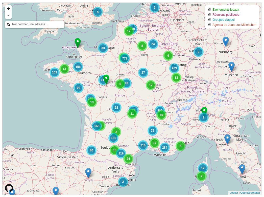 Carte des groupes d’appui sur la plateforme France Insoumise